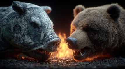 Obraz premium Intense stock market confrontation: Bear versus bull, symbolizing financial trading conflict and economic volatility