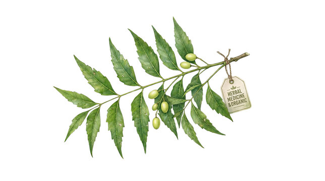 Hand drawn illustration of green neem branch with fruits and paper tag isolated on white.
