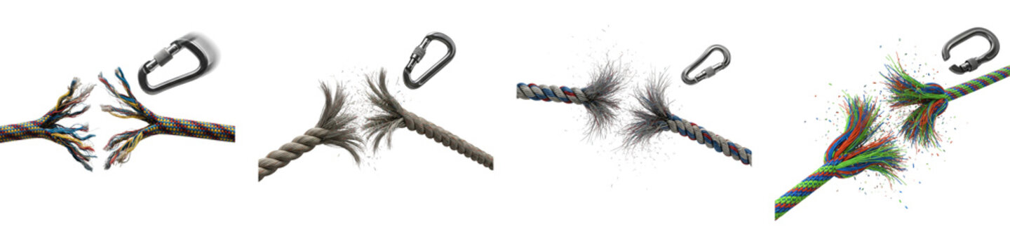 Four broken climbing ropes with carabiners snapping under tension isolated