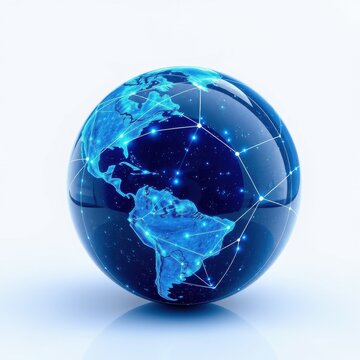 Blue globe displaying network connections. Bright lines illuminate continents, suggesting global communication, data transfer, technology. Reflective surface adds depth.