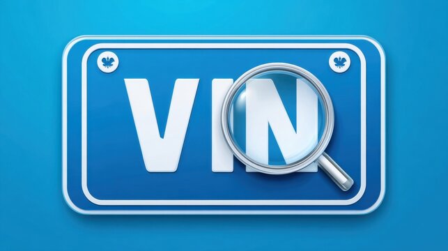 Close-up of magnifying glass inspecting VIN number on blue license plate, automotive search concept