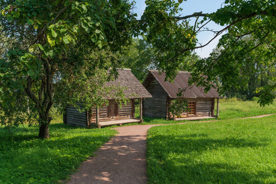 Log buildings of granaries in the Novgorod Museum of Folk Wooden Architecture Vitoslavlitsy on a sunny summer day, Veliky Novgorod, Russia