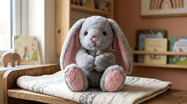 Cute gray plush bunny sitting on a nursery changing table illustration