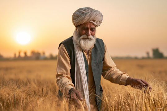Indian Sikh Farmer Standing In Golden Wheat Field At Sunset