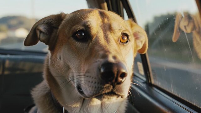 Dog riding in a car going on a road trip journey or adventure at sunset with desert landscape background and suburban type area