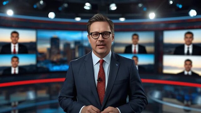 News Anchor Presenting Live Broadcast in Studio. 4K Video