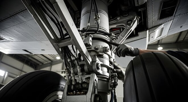 Aviation technician performing essential maintenance on airplane landing gear in a service hangar