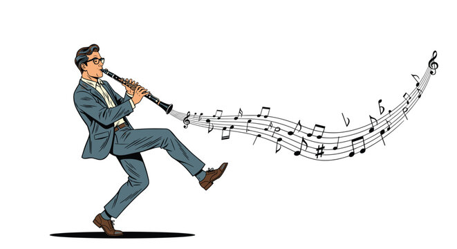 Elegant man in a suit playing a clarinet while a stream of musical notes flows out in a graceful swirling pattern behind him.