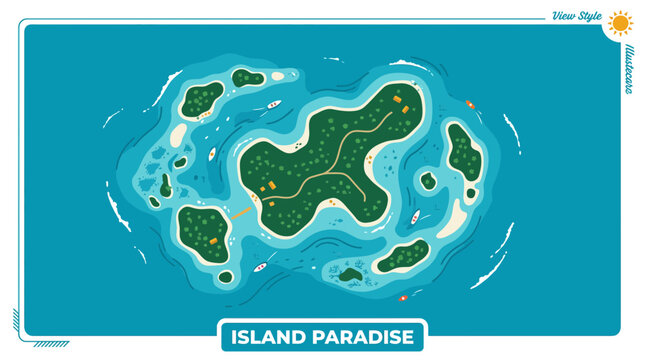 Island Paradise Map: Tropical Archipelago, Ocean View, Cartoon Style