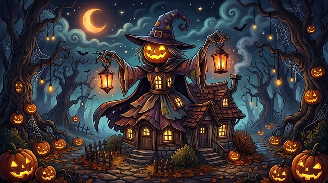 Spooky pumpkin witch holding lanterns in a dark forest illustration