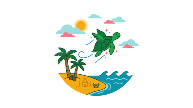 Flying Turtle Over Tropical Beach Scene