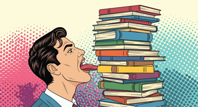 Man in blue business suit with his tongue out tasting and eating a tall stack of colorful books in pop art style illustration.