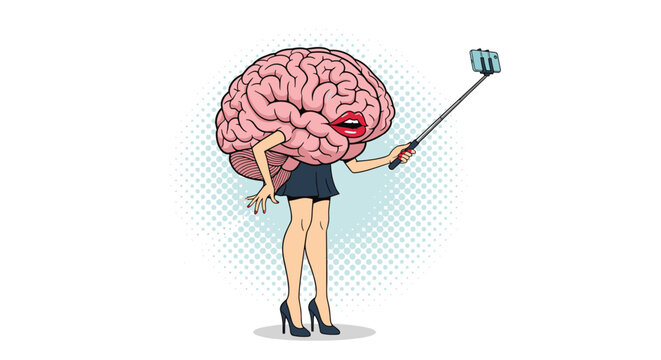 Surrealistic illustration of a giant human brain with legs and red lips taking a selfie using a smartphone on a selfie stick.