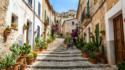 Fototapeta premium Charming narrow stone street in a mediterranean village with traditional houses, stone stairs, and numerous potted cacti and plants under a bright blue sky
