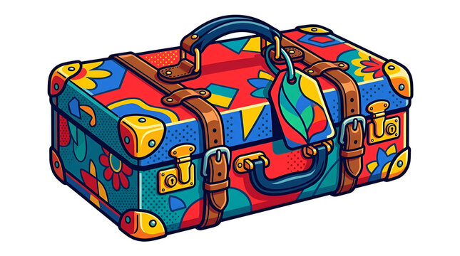Vintage suitcase vector with colorful pop art patterns and straps