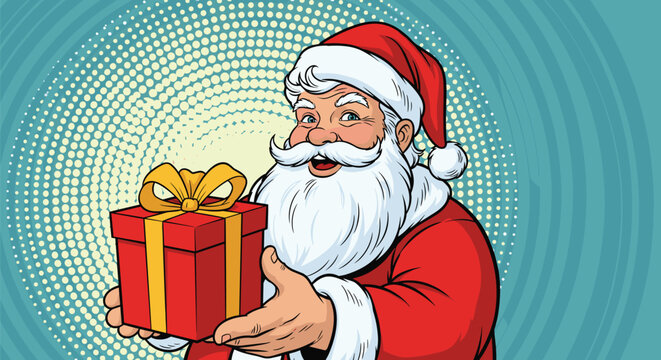 Cheerful Santa Claus with a big white beard and red suit holding out a red gift box with a yellow bow for Christmas.