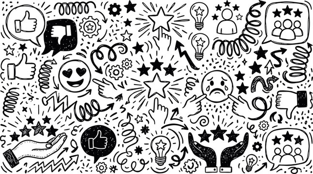 Hand drawn customer feedback and review doodle icons set with feedback customer business experience positive negative illustration communication decision marketing management