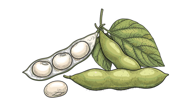 Detailed botanical illustration of green bean pods, both closed and open, showing the white seeds inside for food and garden themes.