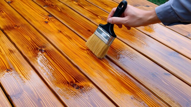 Hand Applying Varnish To Wooden Surface With Brush