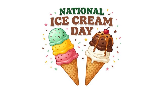 Colorful ice cream cones with sprinkles and toppings celebrating national ice cream day event