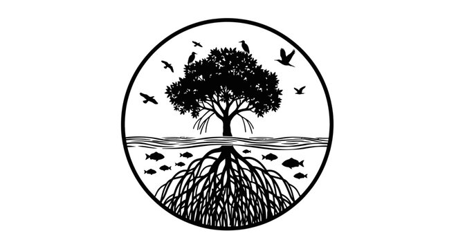 Mangrove Tree Ecosystem Circle Logo with Birds and Fish Silhouette Art