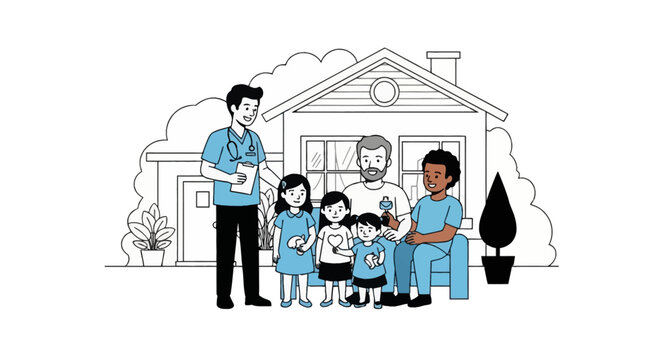 Diverse community health workers in scrubs visiting a father and his three daughters at home, providing outpatient medical care and family support services vector illustration.