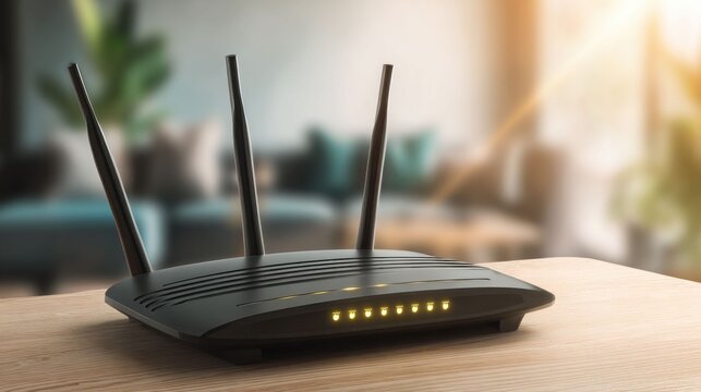 Black wireless router with glowing lights emitting invisible signals on a wooden table