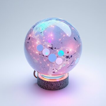 Glowing orb displays network connections. Pink, blue hues illuminate complex data visualization within transparent sphere. Base supports structure.