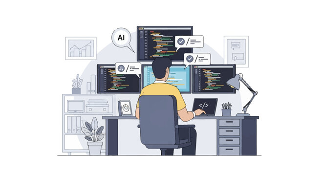 Software developer working at a multi-monitor workstation with artificial intelligence integration, coding screen interfaces, laptop, and office desk setup in a vector illustration style.