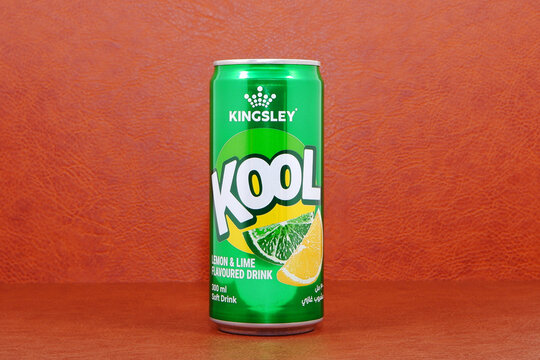 KINGSLEY brand Kool lemon lime carbonated drink can isolated on brown background close-up view, Commercial shot with copy space 