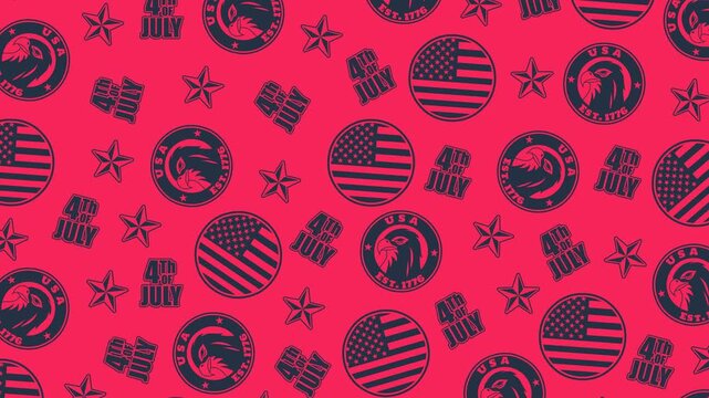 USA Independence Day seamless pattern animation with 4th of July text, flag badges, eagle emblems, and stars. Ideal for holiday backgrounds, social media, promos, events, and digital displays.