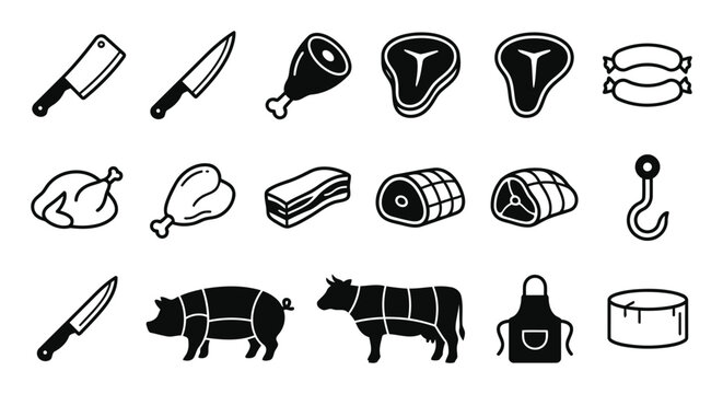 A set of black and white icons featuring various meat products, butcher tools, animals, and related equipment, isolated on a white background for food design.llustrator Artwork