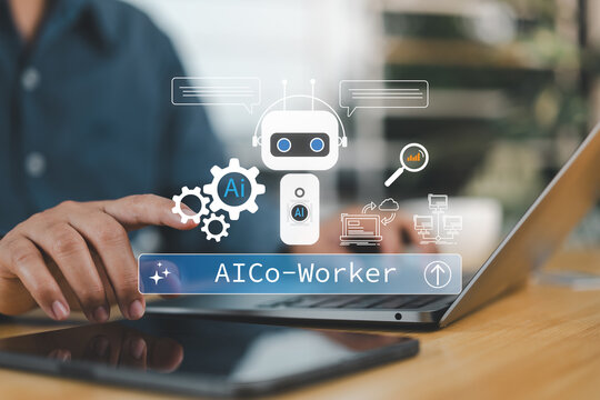 AI co-worker assistant and workplace automation concept. Man using laptop with chatbot, prompt bar, cloud, analytics, coding and gear icons. Intelligent task support, digital workflow, productivity.