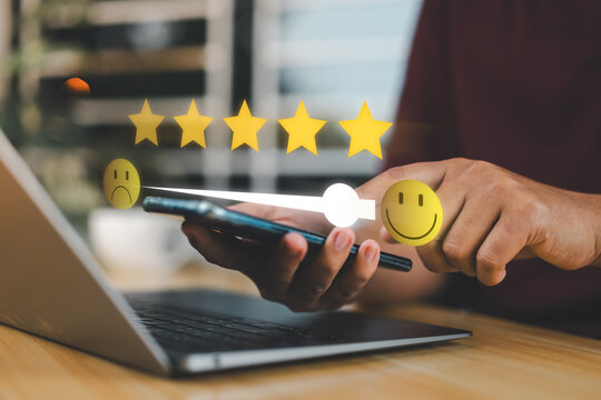 Five star customer satisfaction and happy feedback concept. User working on laptop with emoji slider rating, positive review, service quality, client experience, loyalty, trust, and online evaluation.