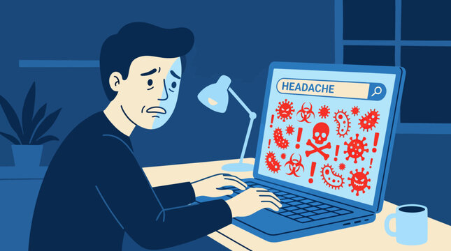 Man anxious about health symptoms while searching headache online concept of cyberchondria and hypochondria