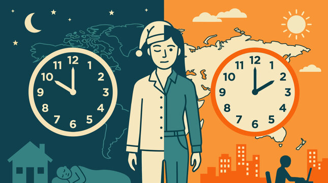 Jet lag illustration showing woman split between day and night with clocks world map and time zone differences for global business and remote work concept.