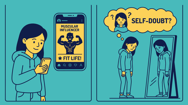 Vector illustration of woman experiencing self-doubt and body insecurity after viewing fitness influencers on social media.