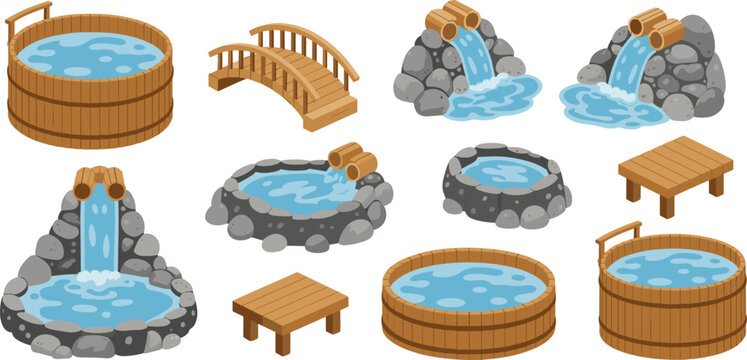 Set of isometric Japanese hot spring onsen elements including wooden tubs, stone pools, bridges, and waterfalls
