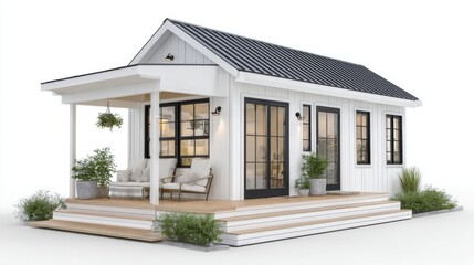Fototapeta premium Modern White Farmhouse Style Tiny Home with Spacious Porch and Outdoor Seating