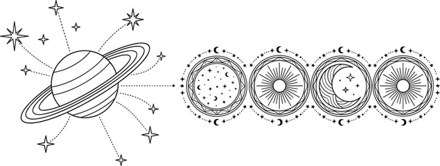 Celestial Saturn Planet Vector Illustration with Ring and Stars Alongside Mystical Sun and Moon Sacred Geometry Mandalas Line Art Design © Md Munna 