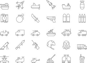 Military Line Vector Icon Set – Army Weapons, Vehicles & Equipment Outline Symbols © Shahed