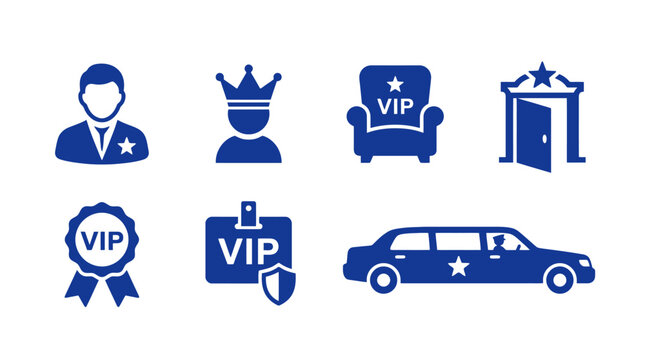 Vector Icons Blue VIP icon set representing luxury service and exclusive membership privileges. EPS Editable