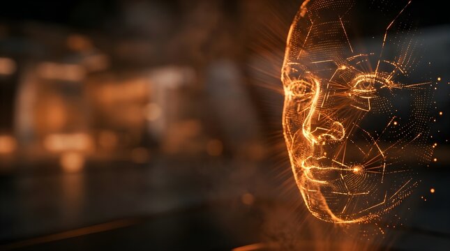 Artificial intelligence face recognition concept with glowing golden mesh