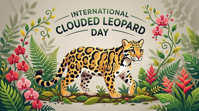 Colorful illustration of a clouded leopard surrounded by tropical plants and flowers for wildlife celebration