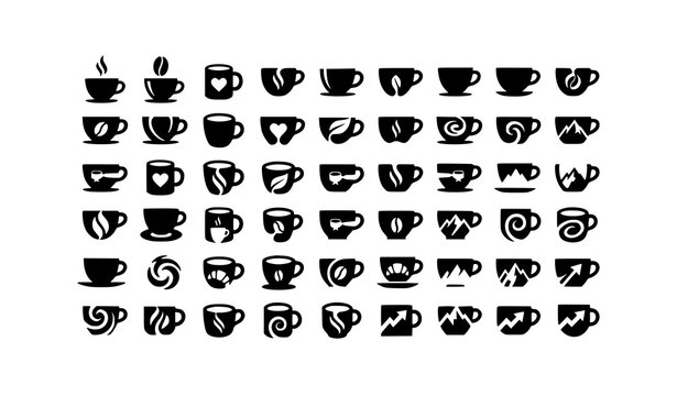 Creative Coffee Cup Silhouette Logos Black and White Vector Collection