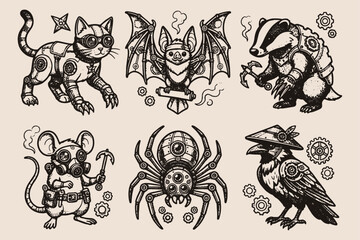 Fototapeta premium Steampunk Mechanical Animal Illustration Set