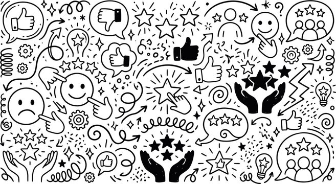 Customer feedback and review doodle collection with rating stars and emoticons feedback customer satisfaction emoticons experience positive negative comments marketing business