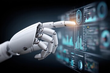 Fototapeta premium Futuristic robotic hand interacting with a complex data analysis interface, symbolizing AI and technology