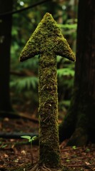 Obraz premium Moss covered arrow points upward in a dark forest. A small green sprout grows at its base. Sunlight filters through the canopy illuminating the natural scene. Represents growth and direction.