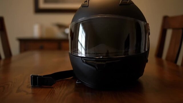 Black Matte Full Face Motorcycle Helmet Resting on a Wooden Table.